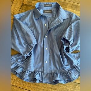 Up-cycled Woman’s Blue and White Striped Ruffle Button Up Shirt